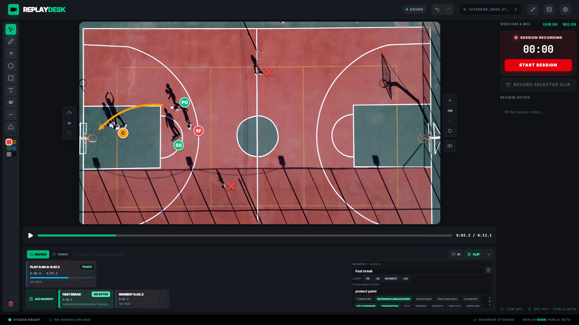 ChalkReel basketball breakdown workspace with on-screen annotations